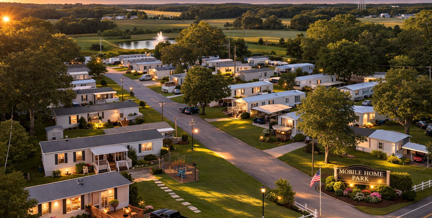 Aerial view of a mobile home park at sunset